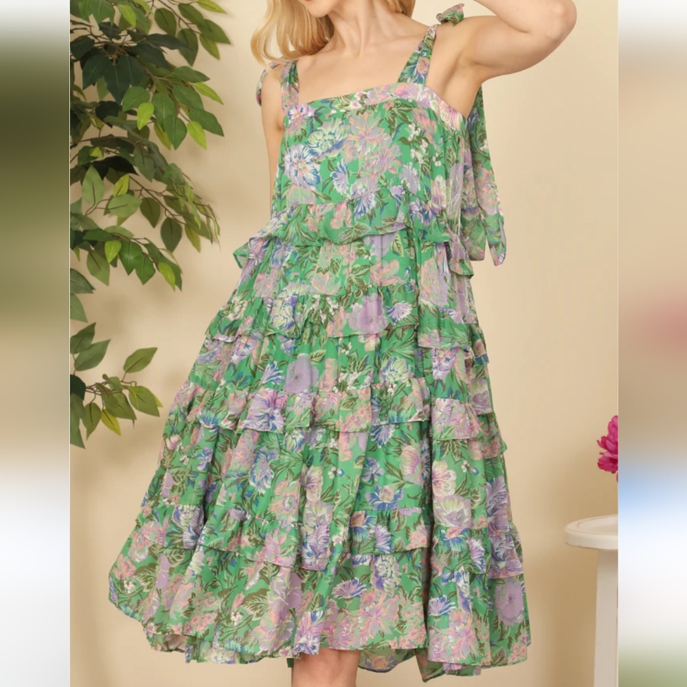 Green Floral Sleeveless Midi Sundress